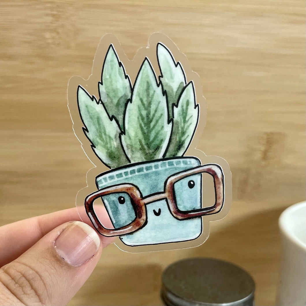 Succulent in Blue Pot with Glasses Clear Sticker, 2.5-inch