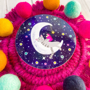Cat Reading on a Moon Glitter Charity Vinyl Sticker
