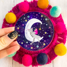 Load image into Gallery viewer, Cat Reading on a Moon Glitter Charity Vinyl Sticker