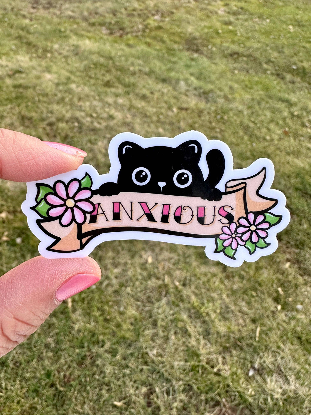 Cute Black Cat Anxious Anxiety Tattoo Style Sticker
