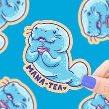 Load image into Gallery viewer, Manatee Tea Cute Ocean Animal Pun Art Vinyl Sticker